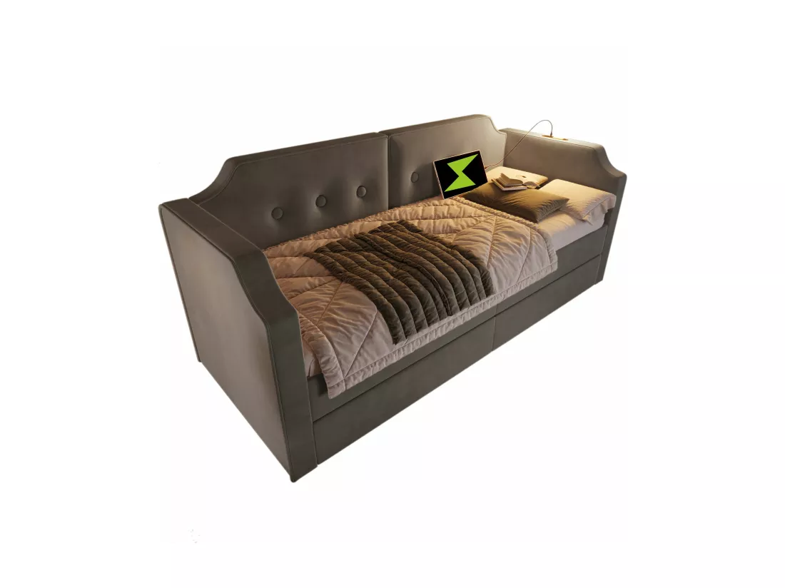 Canapé-lit rembourré 90x200 cm, avec liseuse USB Type-C, avec 2 tiroirs de rangement, gris (sans matelas).
