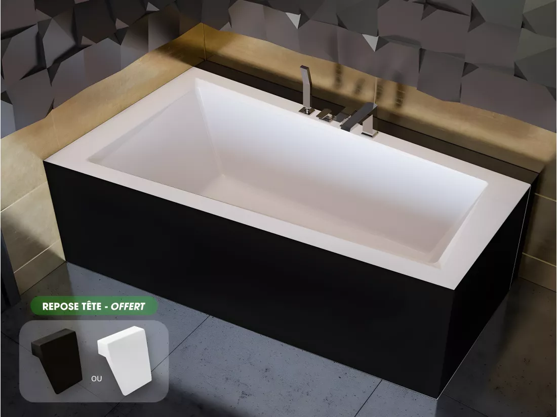 Baignoire asymétrique + tablier noir + repose tête - INTIMA - 150 x 85 cm - Gauche