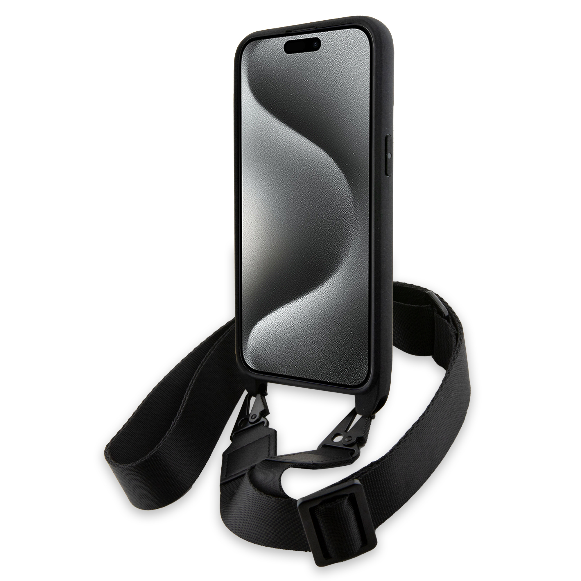 (160cm) iPhone 15 Pro Max Necklace Leder Hardcase Hülle Carbon Tricolor Lines & Strap   Handykette (BMHCP15X23PSVTK) - Schwarz