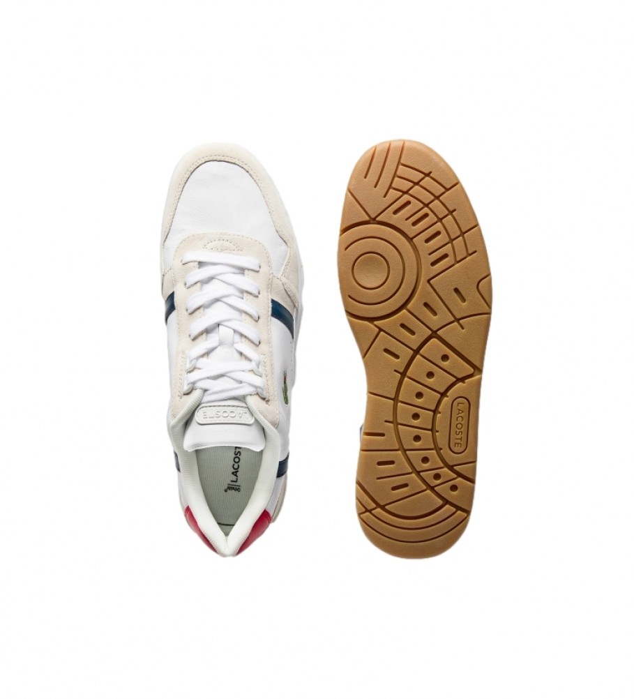 Tênis Lacoste T-Clip de couro, branco e bege.