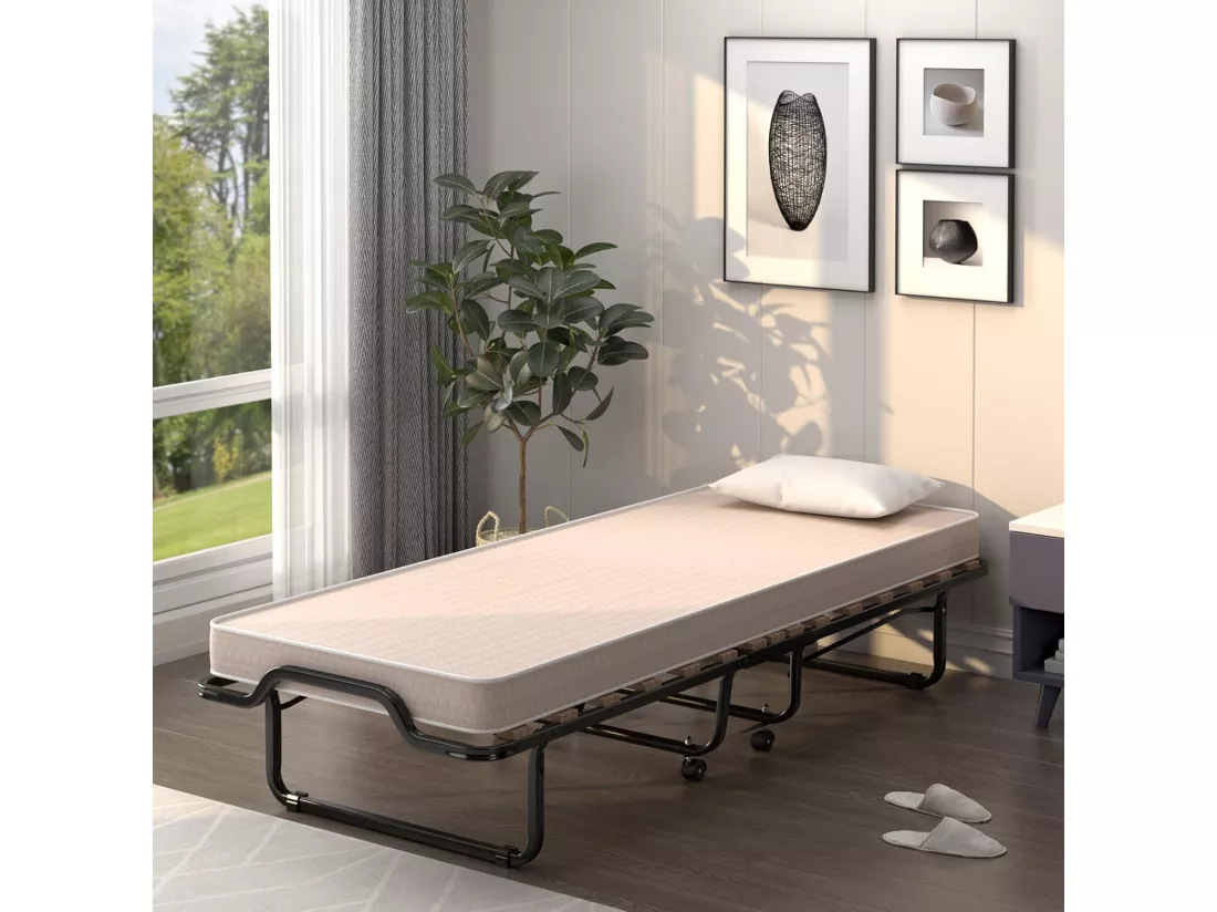 Lit Pliant 1 Personne Adulte 200x80CM (Fabriqué en Italie), avec Matelas en Mousse à Mémoire de Forme, Lit d’Apoint Pliable à 4 Roues et Sommier à 15 Lattes de Bois