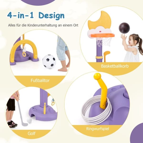 4 i 1 basketballkurvesett for barn med basketball & Fotball & Ringkasting basketballstativ gul