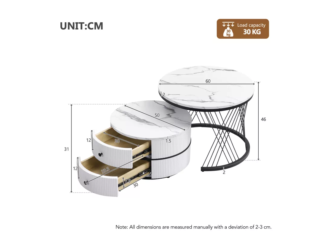 Lot de 2 tables basses gigognes rondes avec 2 tiroirs - 60x60x46cm + 50x50x30.8cm - Motif à marbre - Bois MDF et métal - Blanc + noir