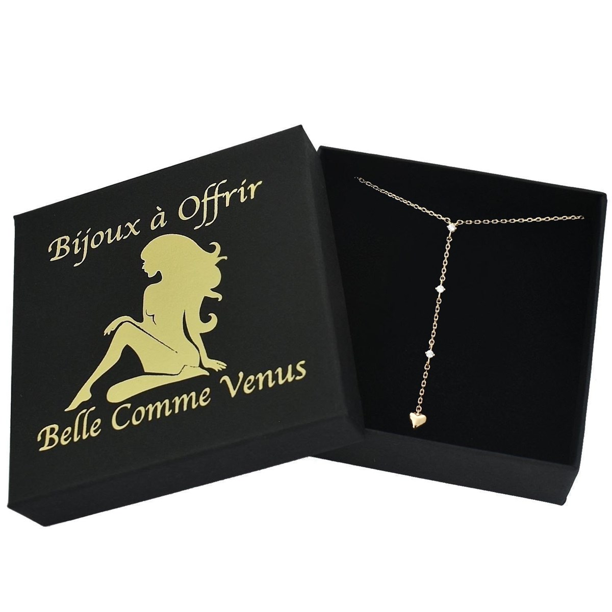 Collier cravate forme en Y coeur oxyde de zirconium Plaqué OR 750 3 microns