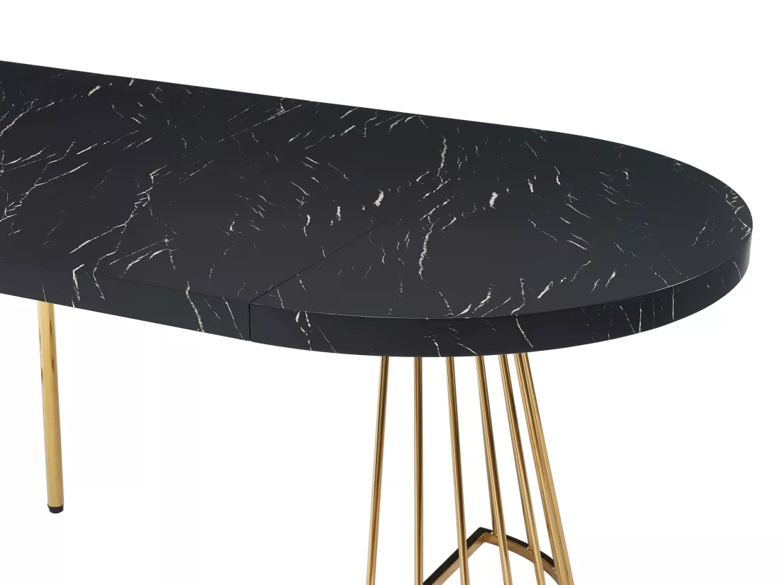 Table à manger extensible 2 à 12 personnes en MDF et acier - Effet marbre noir et Doré - FIRELA