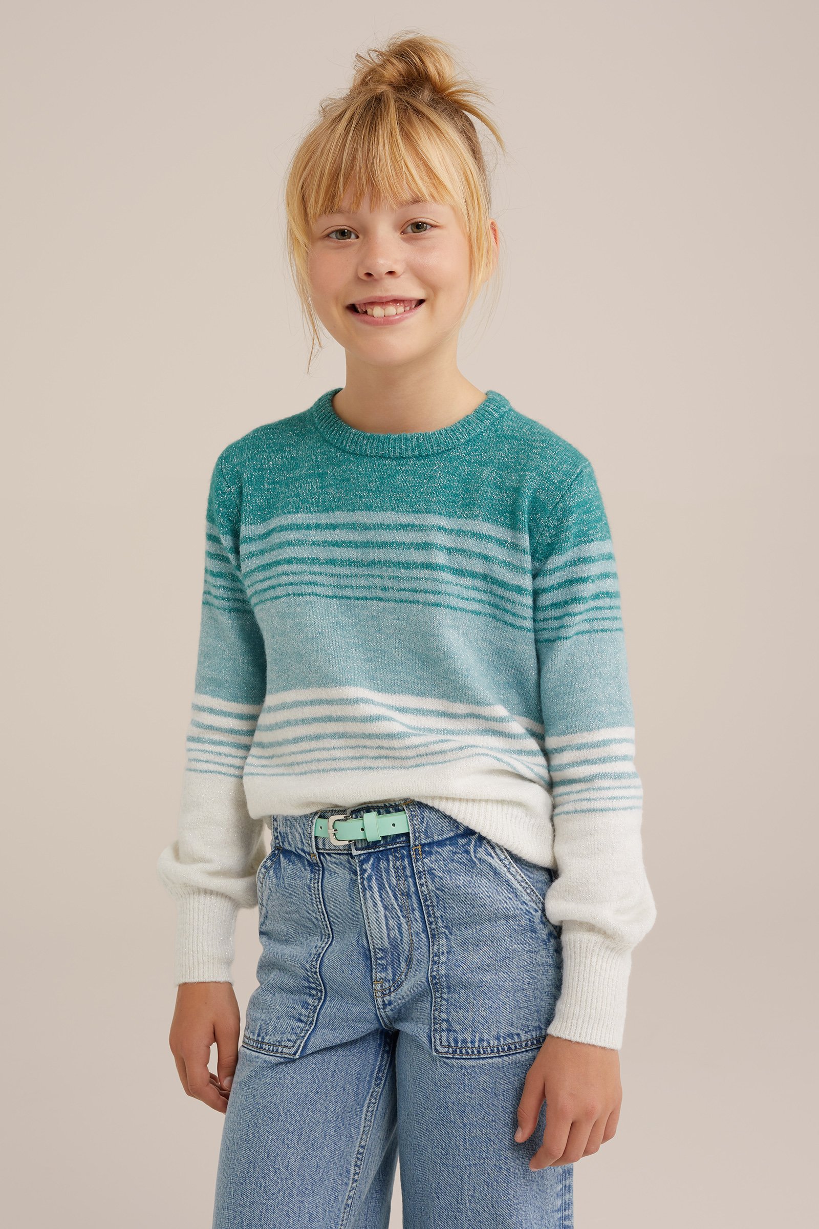 Meisjes gebreide trui met glittergaren WE Fashion Groenblauw
