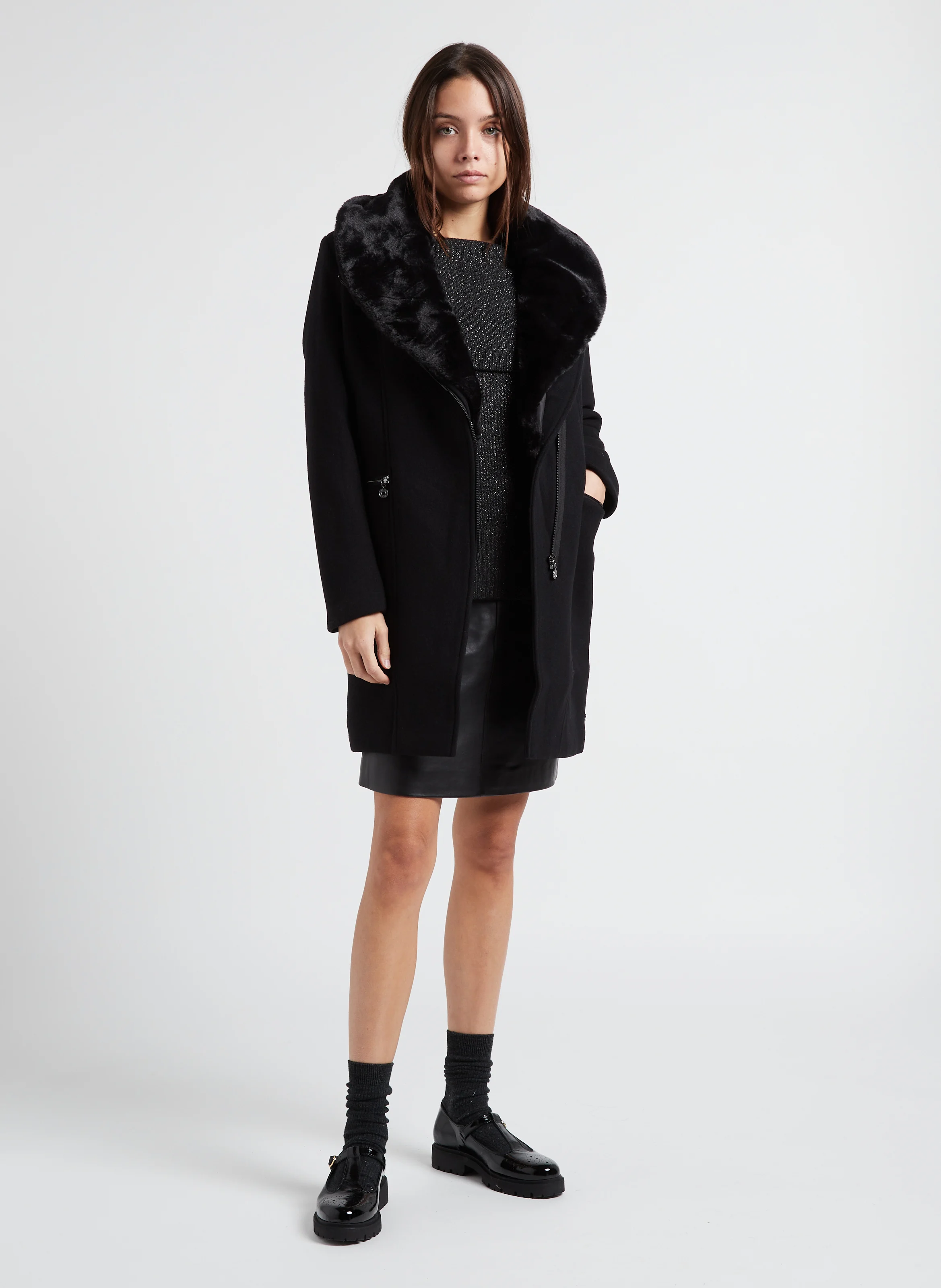 PHILINE - Manteau col tailleur en laine mélangée | Noir