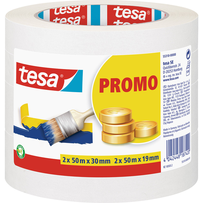 Tesa PRO set universele afplaktapes 2x 19mmx50m + 2x 30mmx50m