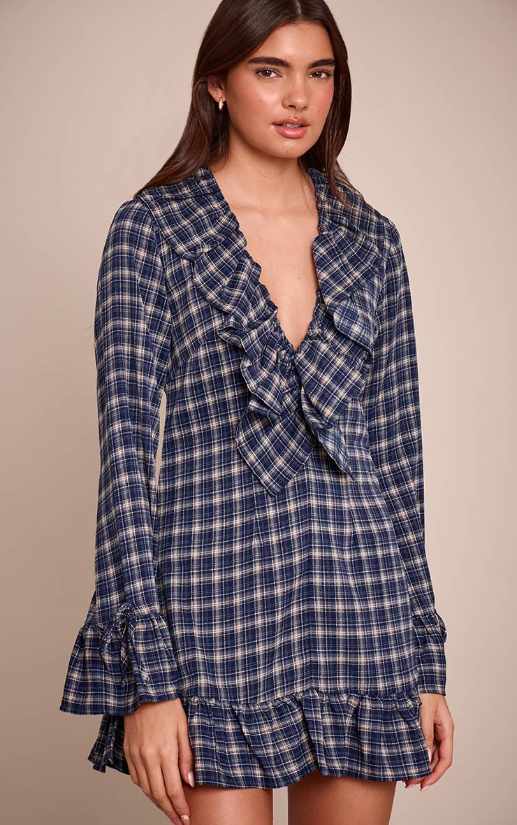 Bleu Marine Robe Mini Droite À Carreaux Avec Volants Et Manches Longues