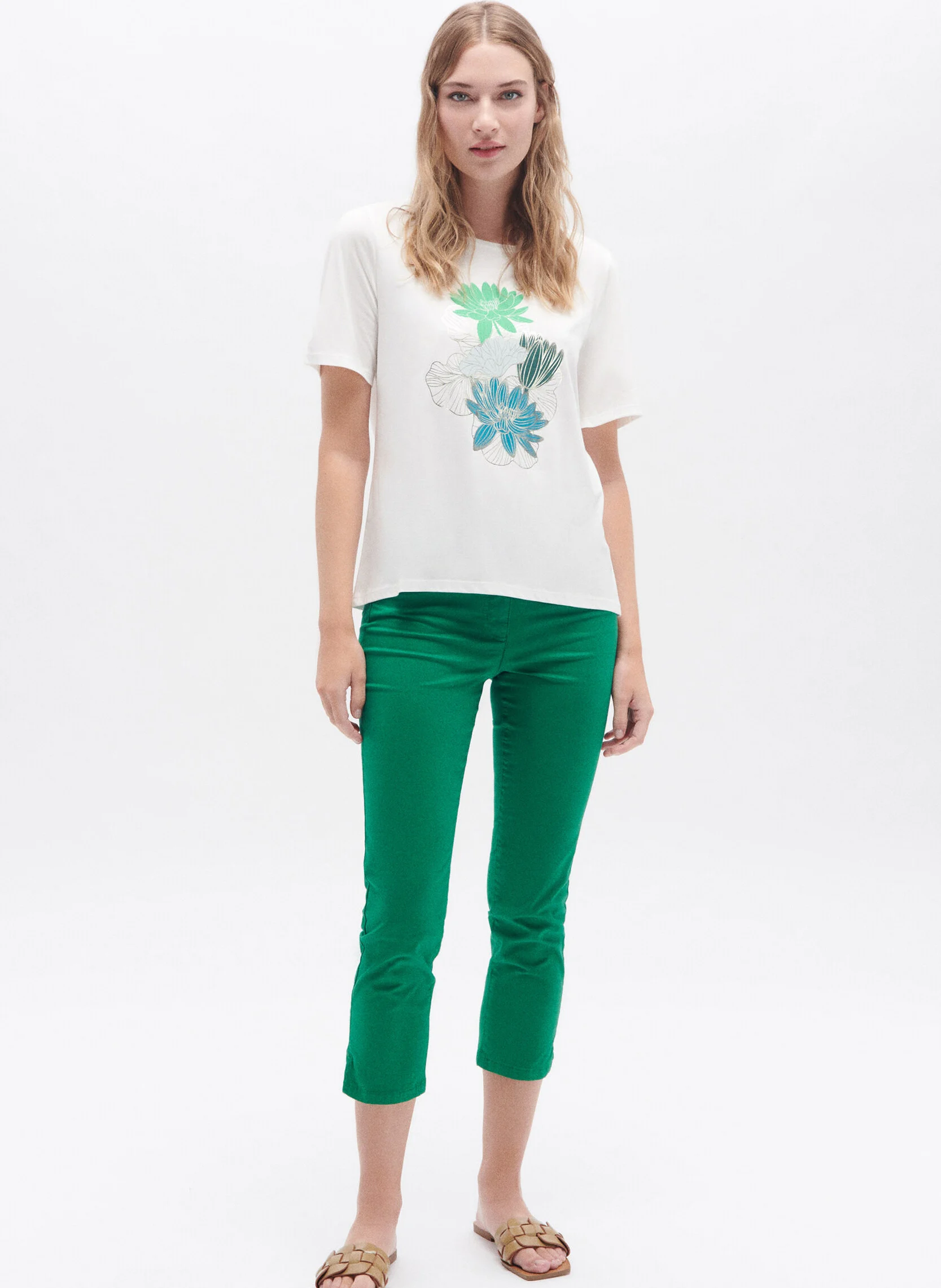 TANA - Tee-shirt col rond droit en coton mélangé | Vert