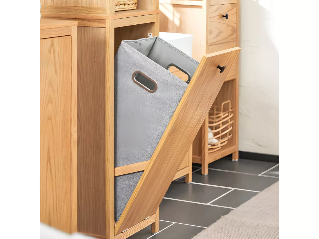 Meuble Colonne de Salle de Bain avec 1 Panier à Linge et 3 Étagères, BZR95-N