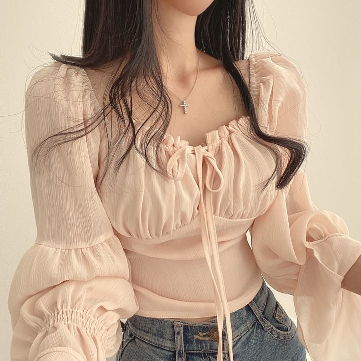Kira Kira - Blouse met geplooide mouwen en vierkante hals, effen kleur en strik aan de voorkant