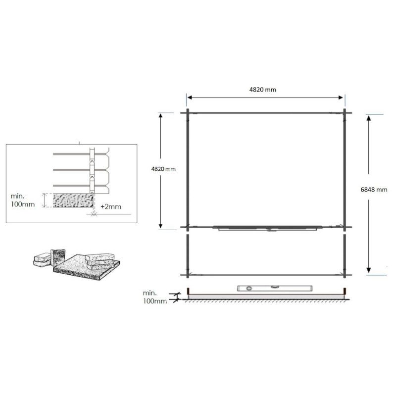Abri de jardin en bois - 5x5 m - 35 m2 + terrasse avec balustrade et avant-toit en bois