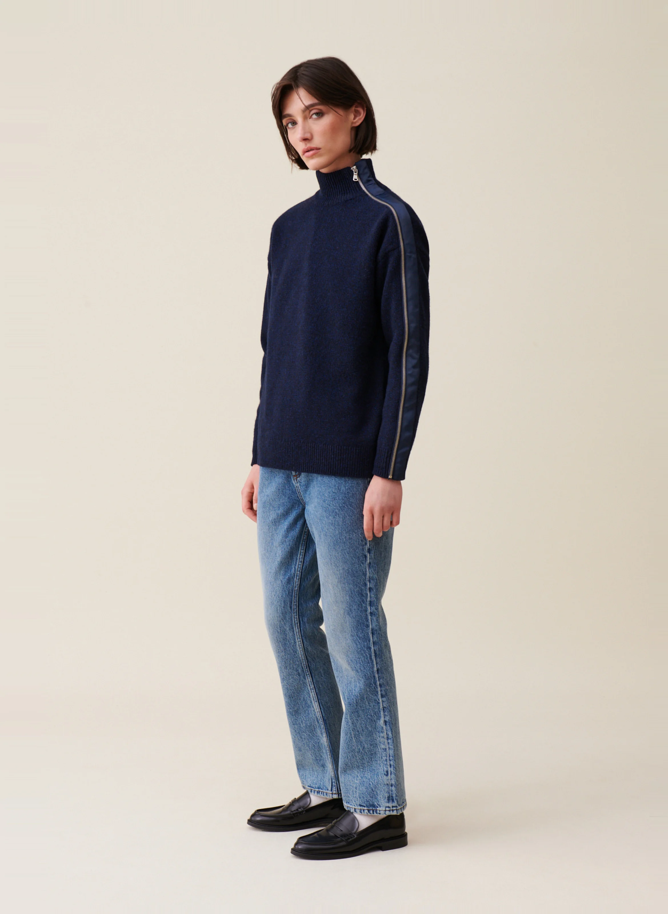 Pull col montant zippé en laine mélangée | Bleu