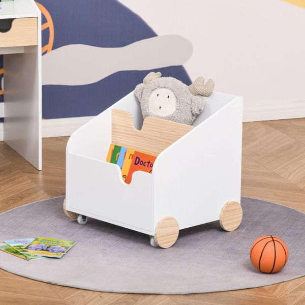 Homcom Caixa de Armazenamento de Brinquedos de 2 Seções com Rodas Puxador Carrinho de Madeira Infantil 40x43x43cm Branco e Madeira Natural