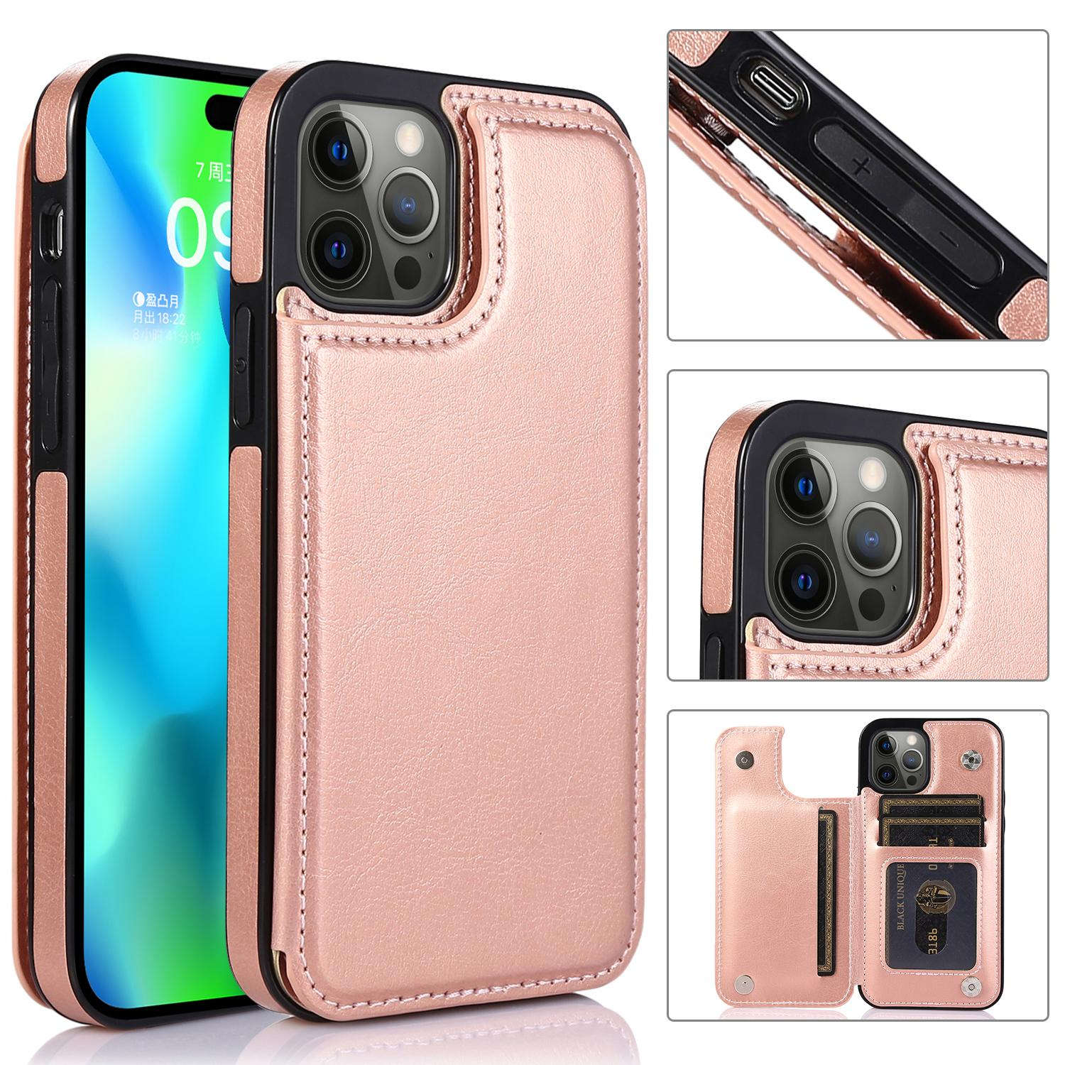 iPhone 14 Pro Hybrid Leder Hülle mit Kartenfach   Kickstand Aufsteller - Roségold