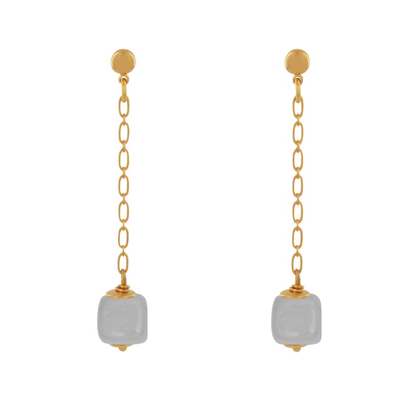 Boucles d'Oreilles Chainette Laiton Doré et Cube en Céramique