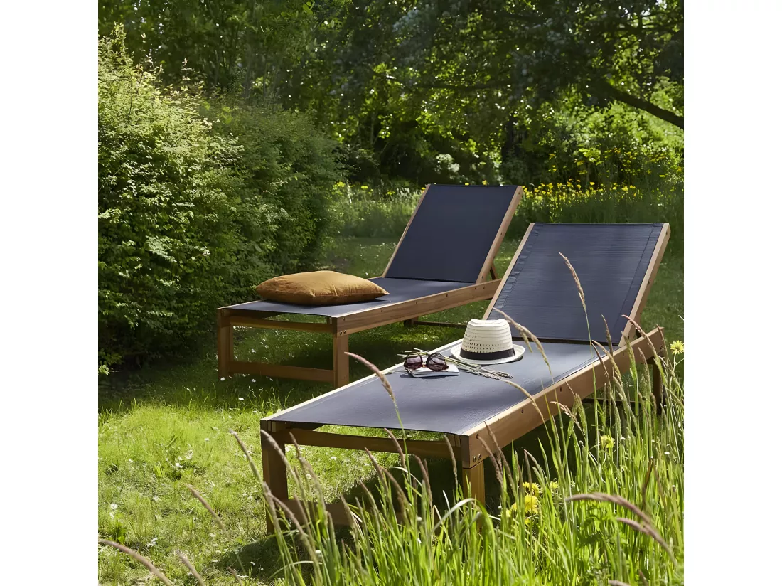Bain de soleil en acacia massif FSC et textilène noir (lot de 2)