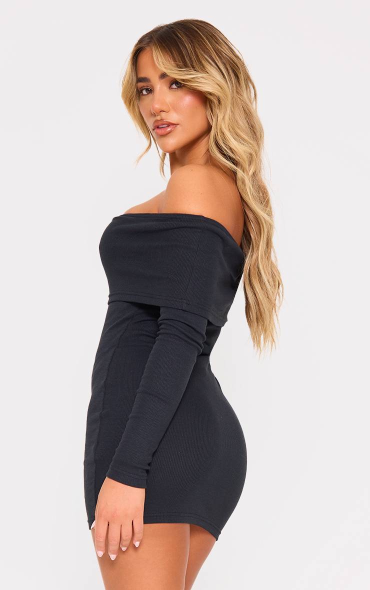 Noir Robe Moulante Côtelée À Épaules Dénudées Bardot Et Manches Longues