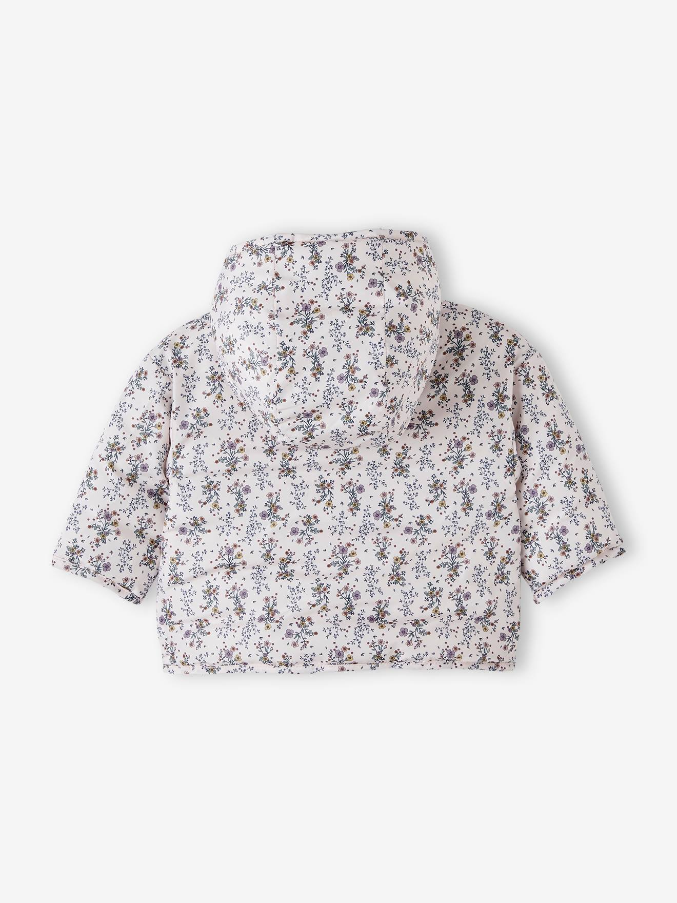 Casaco reversível acolchoado para bebê, roxo médio, liso com estampas.
