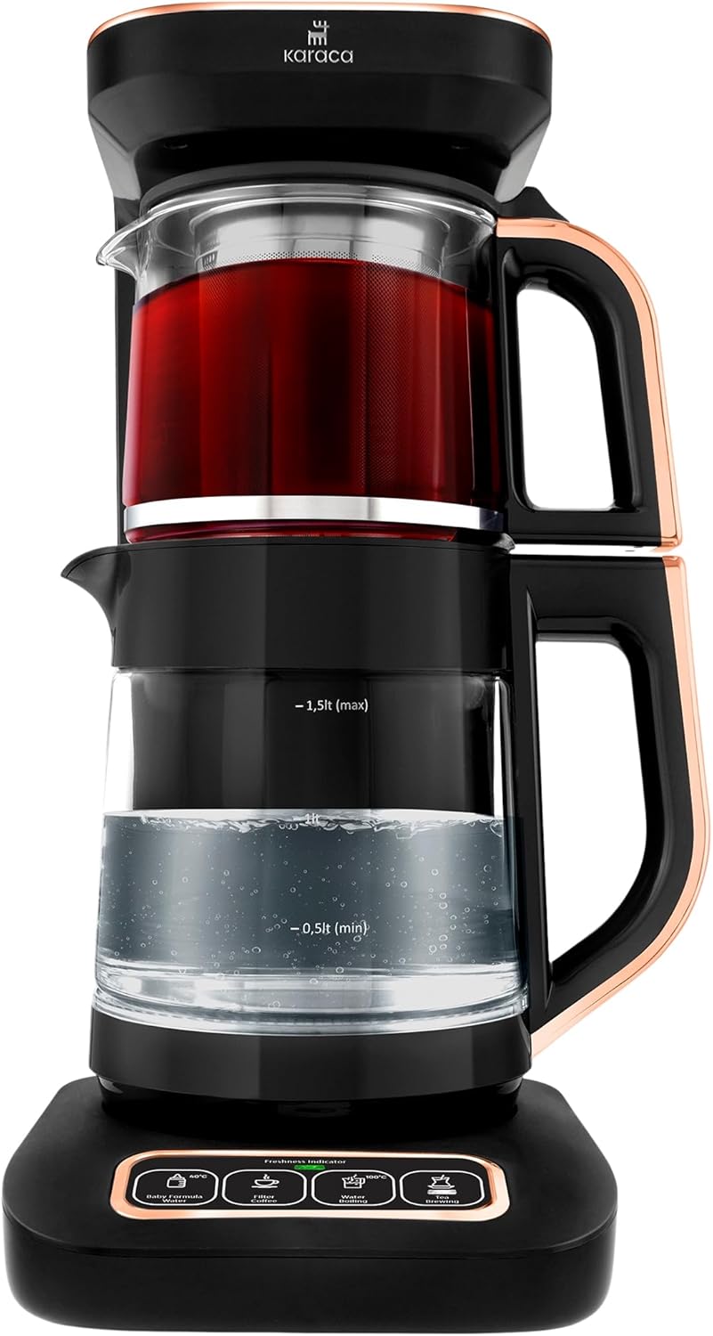 KARACA Çaysever Robotea Pro 4 in 1 Sprechender Automatischer Glas Teekocher, 2500W, 2,3L Kapazität, Frischeanzeige, Babynahrungswasserfunktion, Tee & Kaffee Zubereitung, Sicherheitsfunktionen