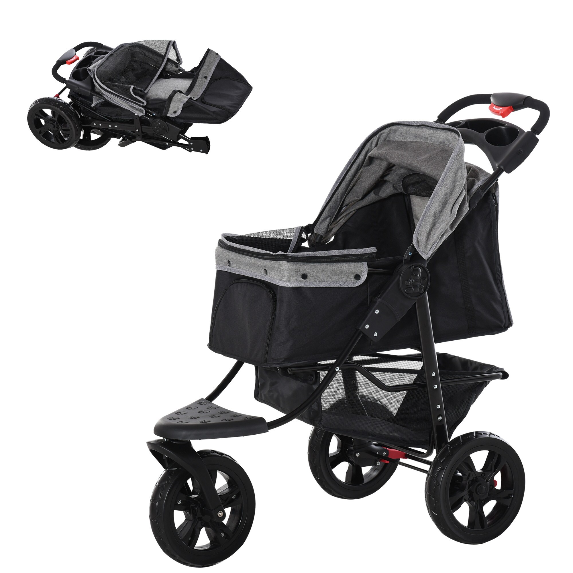 PawHut Hundewagen mit 3 Rädern, verstellbares verdeck, geignet zum joggen Grau/Schwarz 109,5 x 57,5 x 106,5 cm (LxBxH)