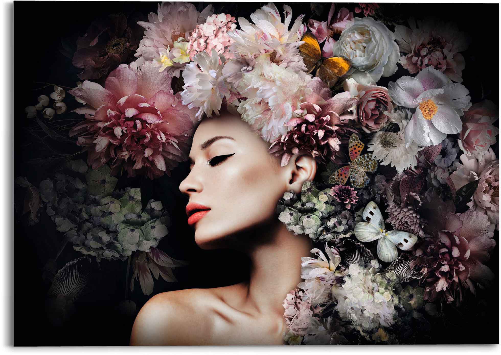 Reinders! Glasbild »Glasbild Frau mit Blumenhut Frau - Schmetterling - Strauss - Romantik« Menschen 1 Stk. tlg.