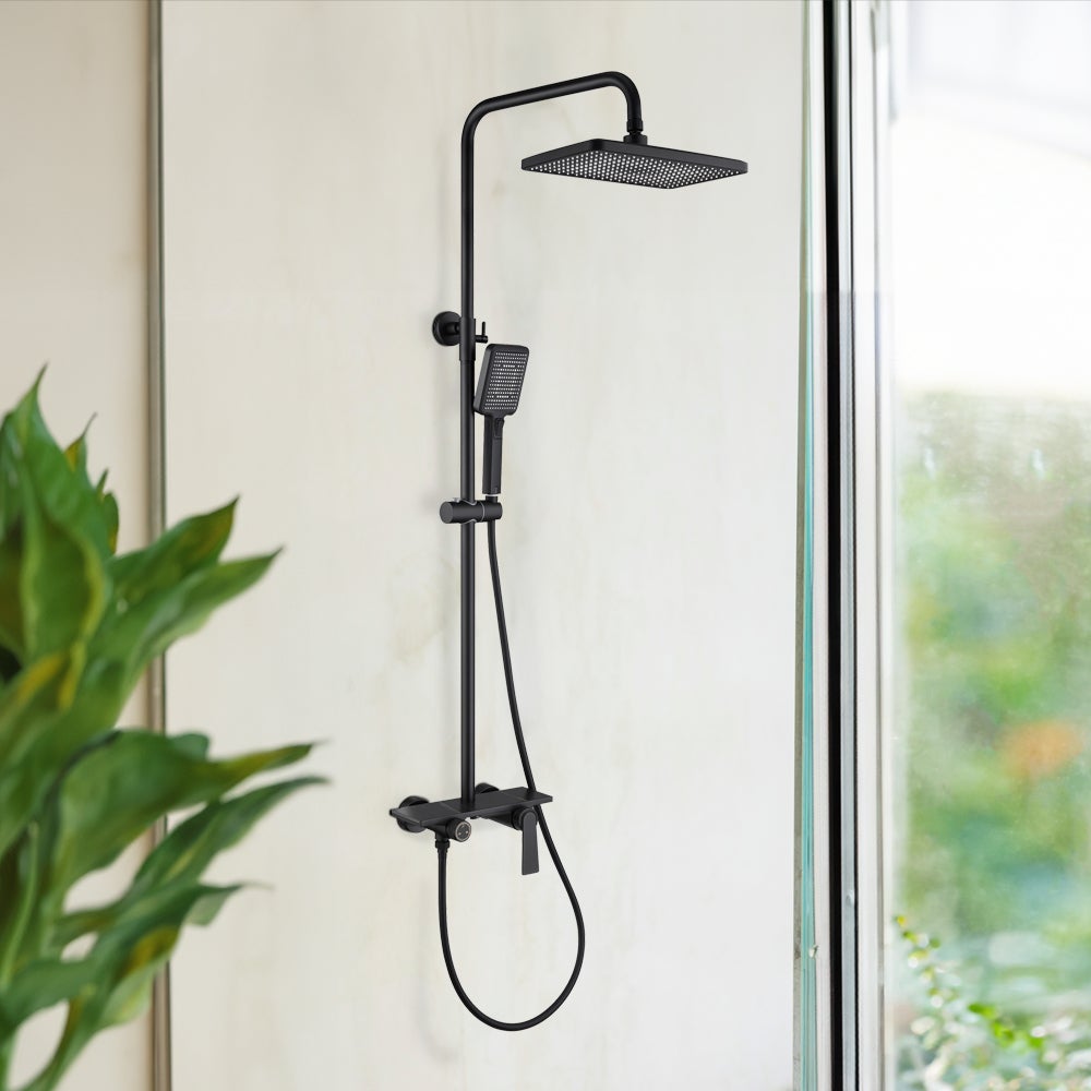 Home Deluxe - Douchekraan met planchet - ICONIC - Kleur: Zwarte marmerlook - Hoogte: 120 cm, incl. handdouche | Design douchekop regendouche