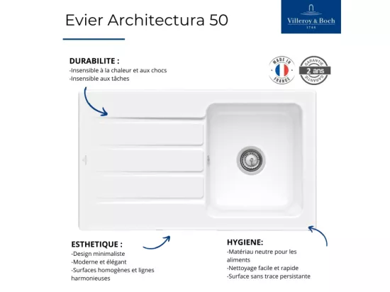 Evier 86 x 51 cm VILLEROY ET BOCH Architectura 50 Blanc vidage automatique inclus