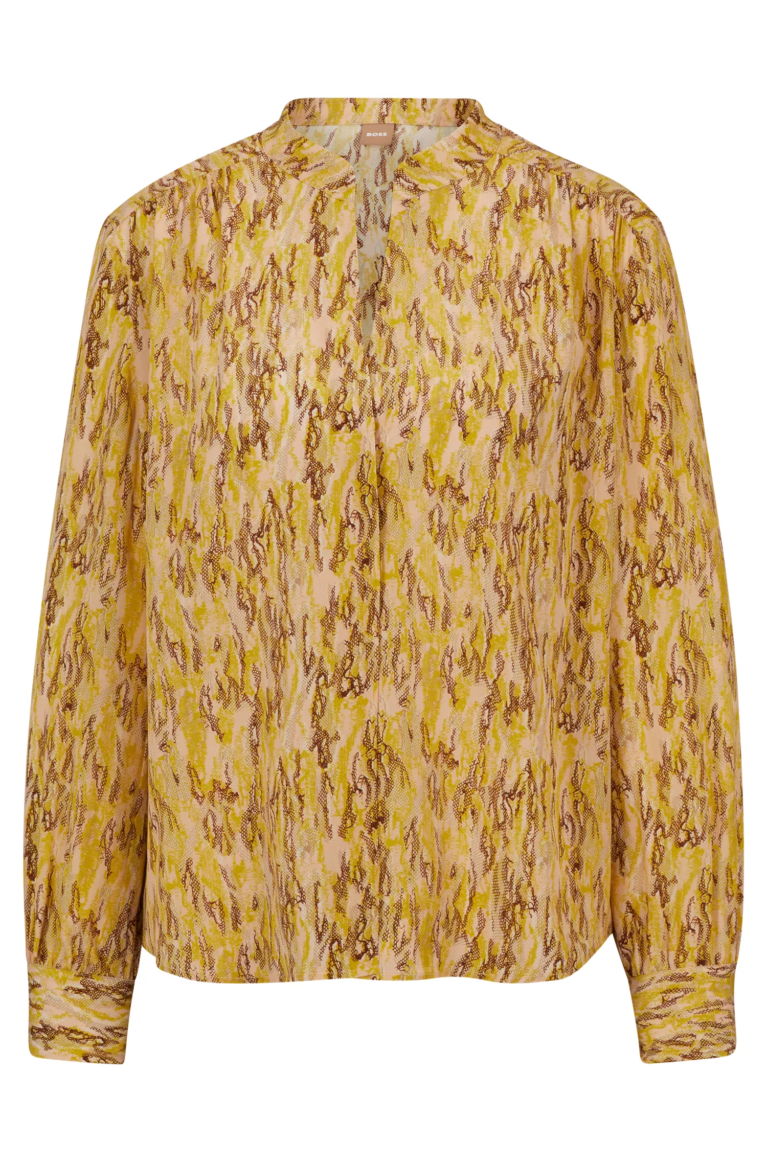 Blusa BOSS preta de corte regular em seda estampada.