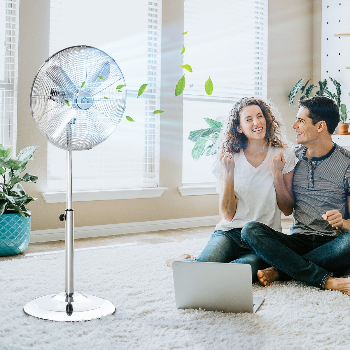 HOMCOM Staande ventilator, in hoogte verstelbaar, 3 snelheidsstanden, verstelbare kantelhoek, 44,5 cm x 44,5 cm x 87-120 cm, staal, zilver