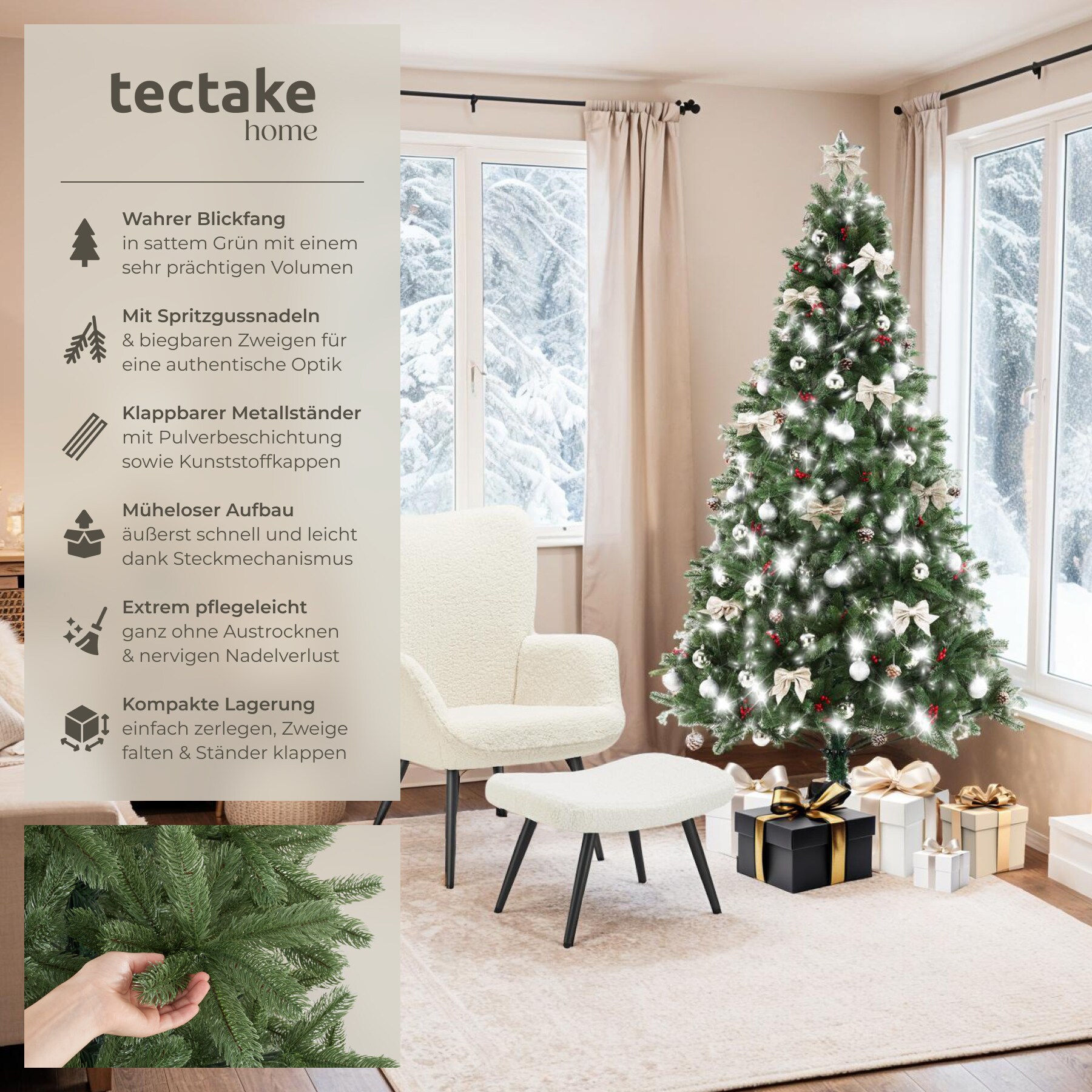 tectake® Weihnachtsbaum , künstlich in Grün, mit Spritzgussnadeln, formbar mit viel Volumen, pulverbeschichteter Metallständer mit Kunststoffkappen