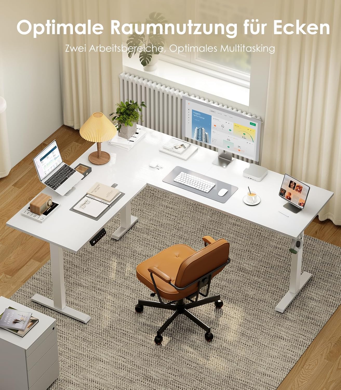 OffiGo L-förmig Höhenverstellbarer Schreibtisch, 160 x 120 cm Schreibtisch Höhenverstellbar Elektrisch, Eckschreibtisch Ergonomischer Steh-Sitz Tisch Computertisch, Weiß