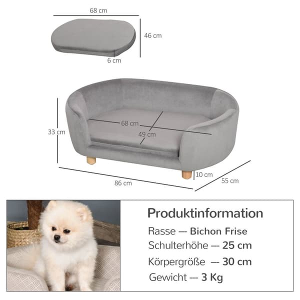 Pet Sofa Hundesofa Hundeseng Med Nederlandsk Fløyelsskum Bjørkeben For Katter Hunder 86 X 55 X 33 Cm Lys Grå