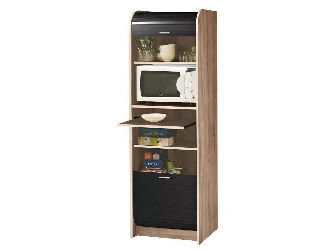 Meuble de Cuisine Micro-onde Chêne et Noir 6 Niches L 58,2 H 180,7 P 47 cm