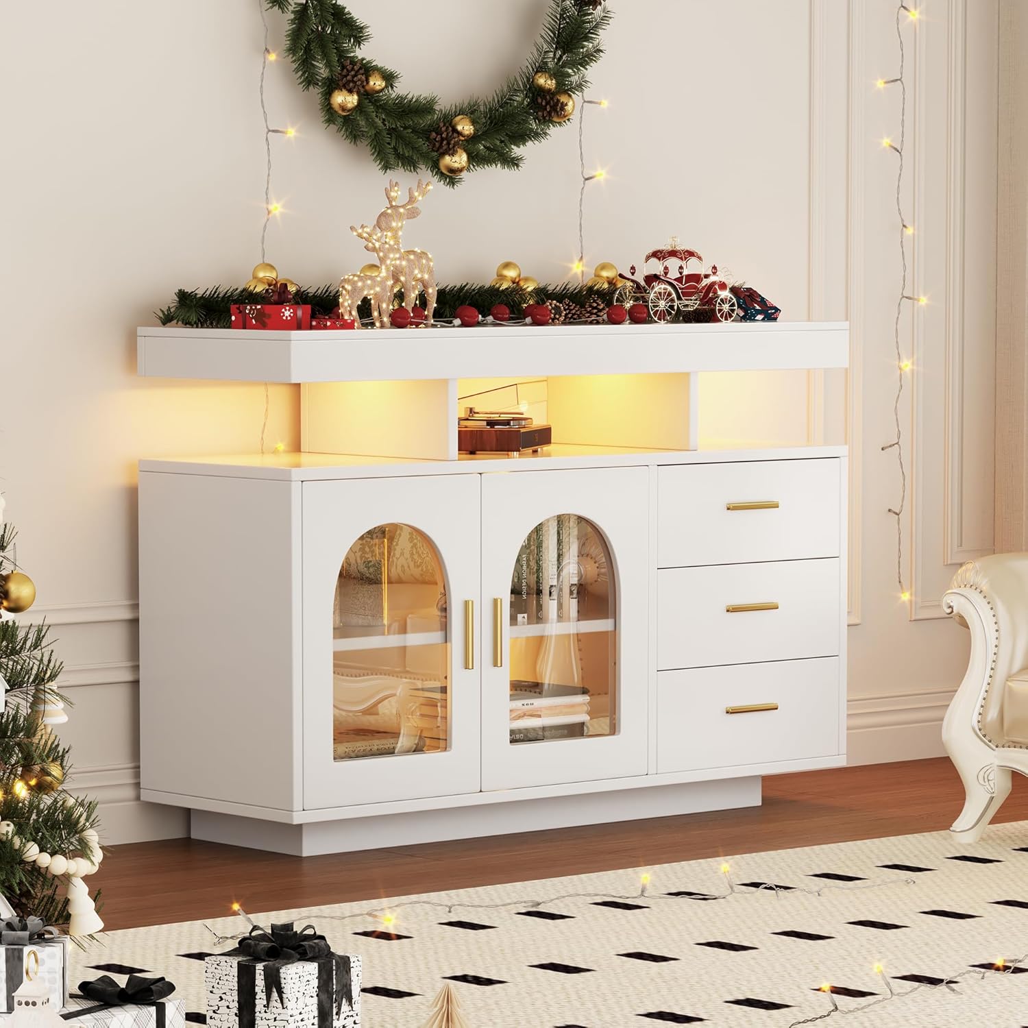 Merax Buffetschrank Sideboard mit LED-Leuchten, Kommode Schrank mit 2 Türen und 3 Schubladen, Modern Beistellschrank Mehrzweckschrank, für Wohnzimmer Esszimmer Flur, Hochglanz-Weiß, 120x40x80cm