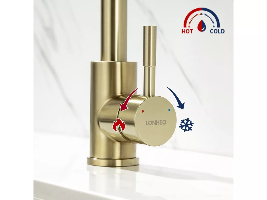 Auralum Max Colonne douche en laiton Bronze Rétro,Douche avec Mitigeur Mécanique,Hauteur Réglable+Robinet Cuisine en Inox,Rotatif à 360°,Doré Brossé