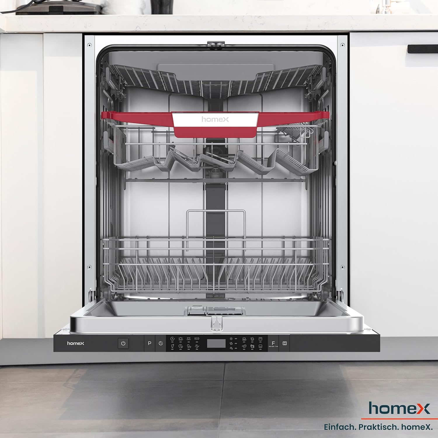 homeX Geschirrspüler 60 cm, Spülmaschine vollintegrierbar - 14 Maßgedecke, 8 Programme, AquaStop, Besteckschublade, 44 dB, Bodenlicht, Automatische Türöffnung, Einbaugeschirrspüler vollintegriert