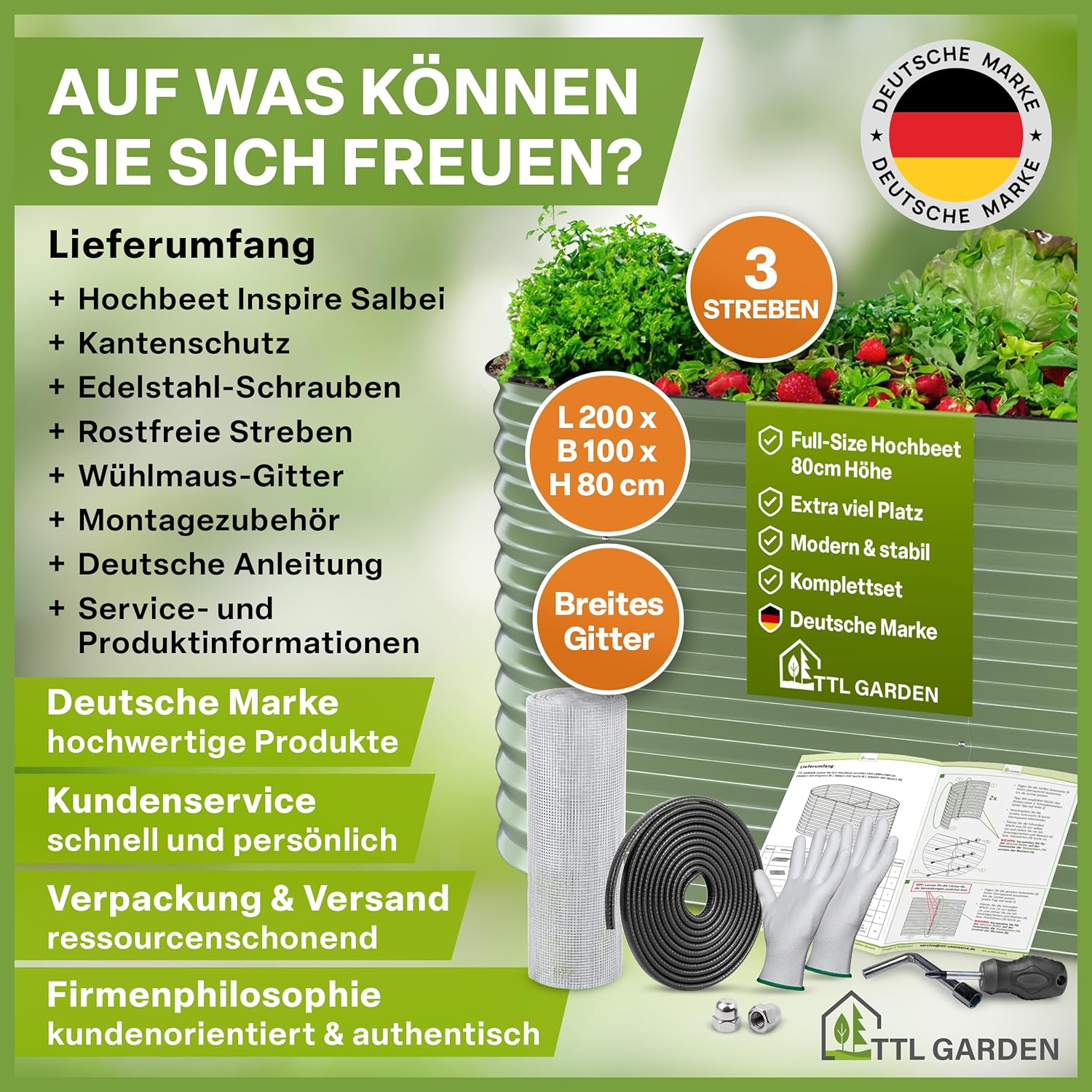 TTL GARDEN 200x100x80cm Inspire L Salbei Metall Hochbeet - Stahl rostfrei verzinkt & grün lackiert Wellblech sehr stabil Garten Beet Form oval für Gemüse Kräuter Blumen Gartenbeet Gemüsebeet