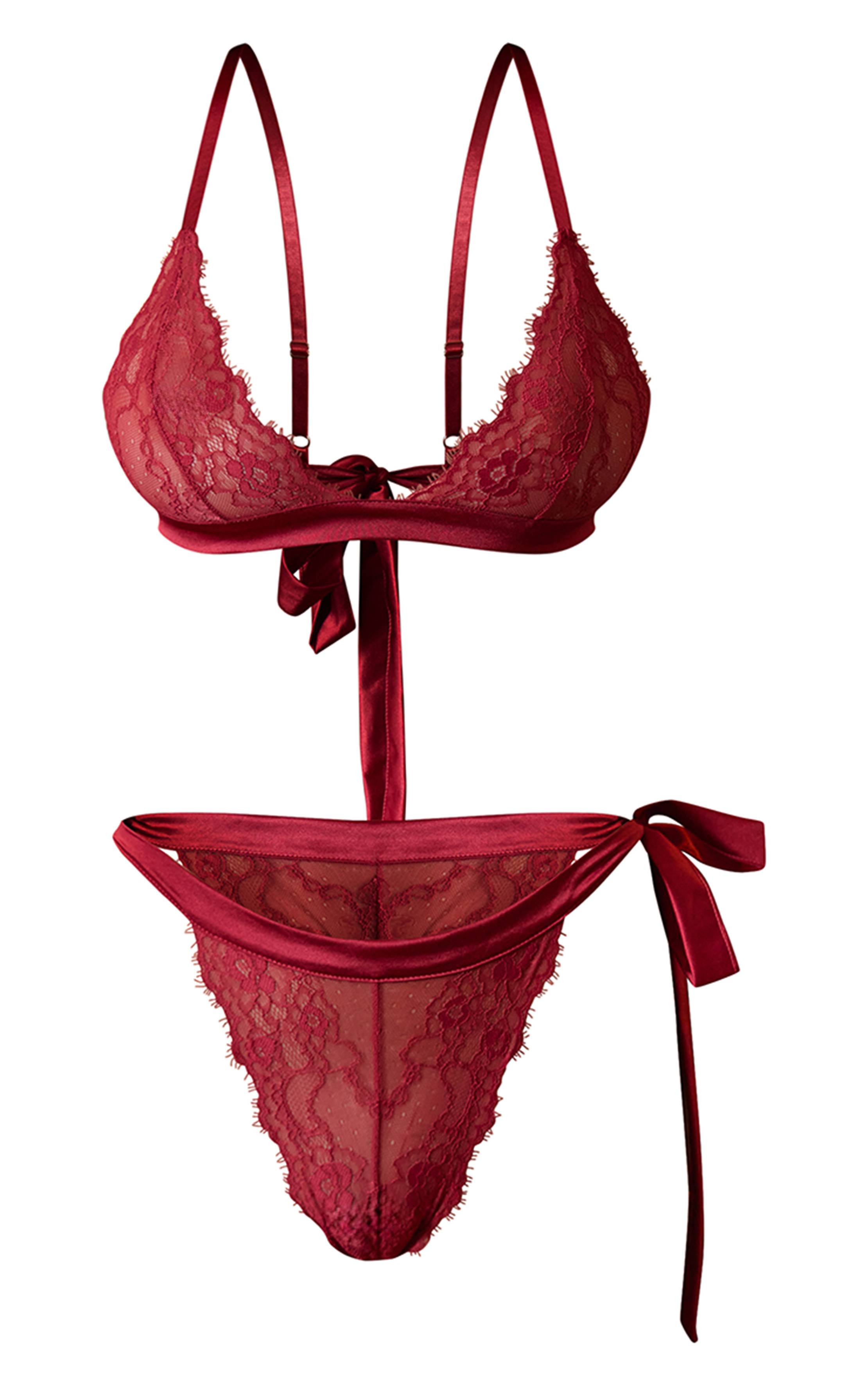 Rouge Ensemble Soutien-gorge Triangle Et Culotte En Dentelle Avec Liens À Nouer