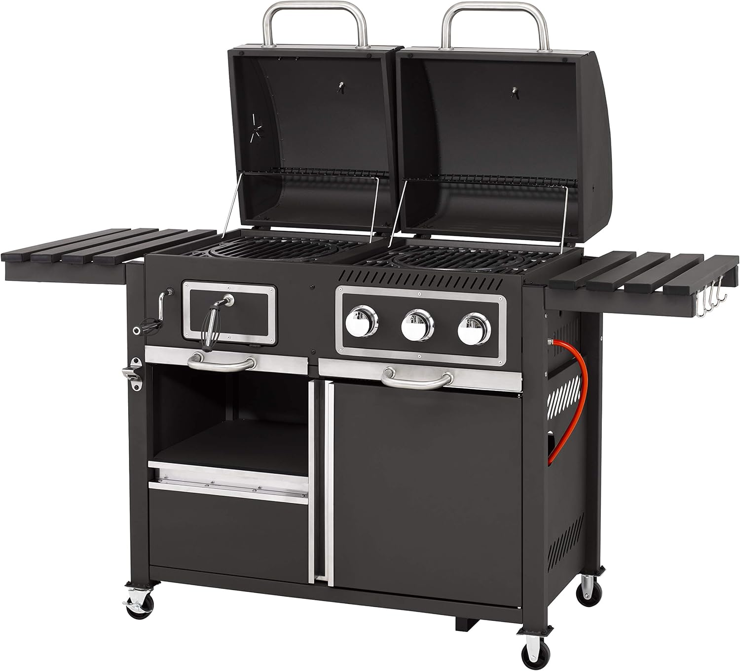 tepro Gas Kohle Kombigrill Toronto, Grillwagen mit Holzkohle- und Gasgrill-Modus, 3 Brenner mit je ca. 2,9 kW Leistung, Piezozündung, Thermometer, Maße ca. 173 x 65 x 116,5 cm, Schwarz