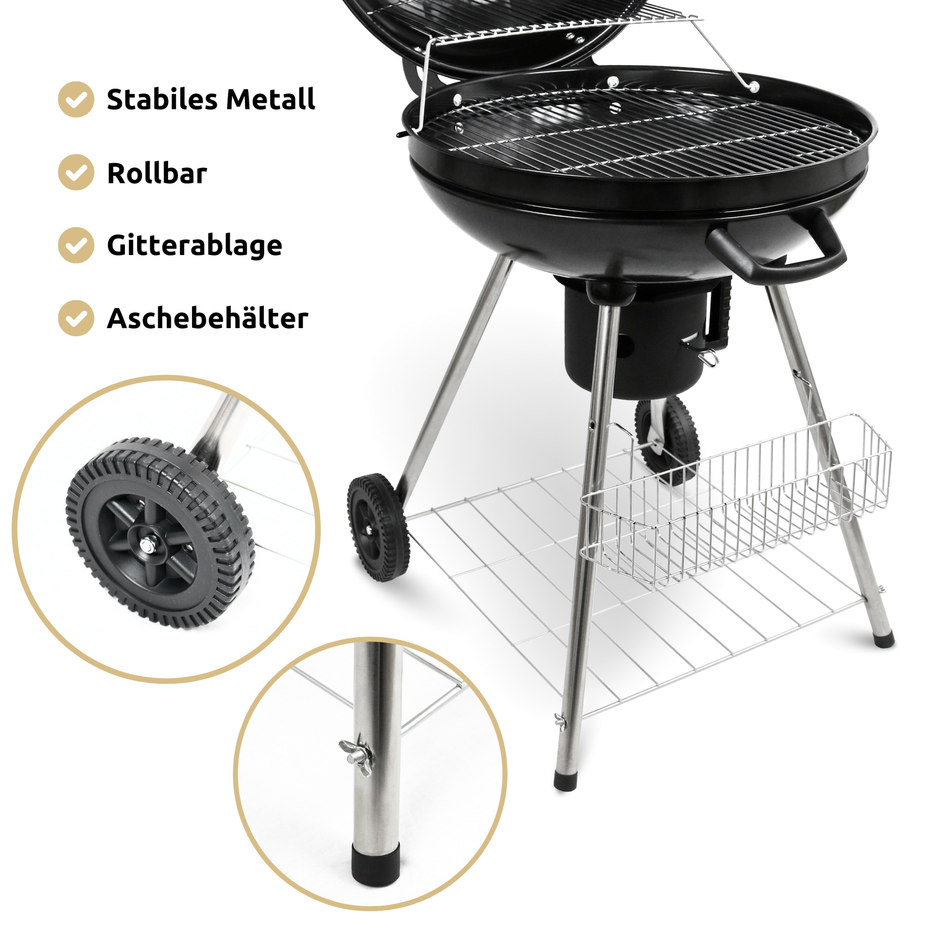 deluxe4home Holzkohlegrill KUGEL 64 x 59 cm schwarz