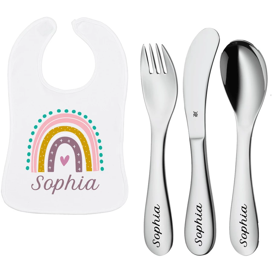 Schnullireich Geschenkset mit Namen WMF Kinderbesteck Knuddel Mini 3 Tlg. + Lätzchen Rose Rainbow Silber