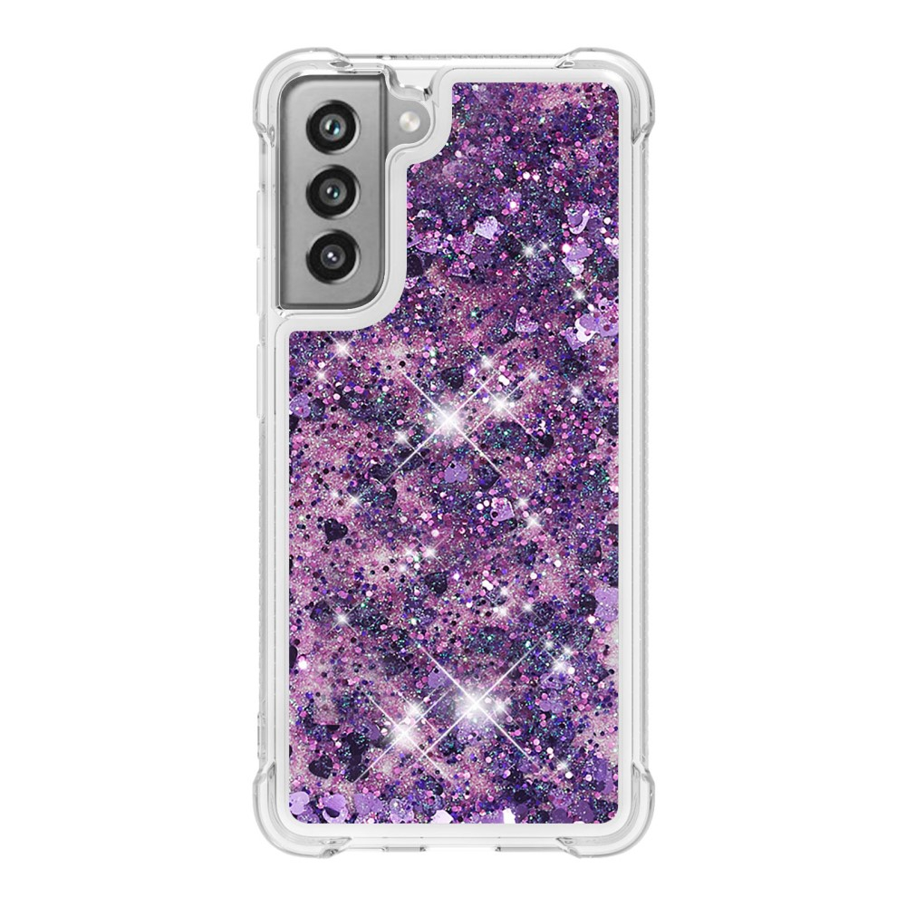 Samsung Galaxy S21 FE 5G Hardcase Hülle mit Air Cushion Fallschutz Liquid Case Glitzer Herzen - Lila / Transparent