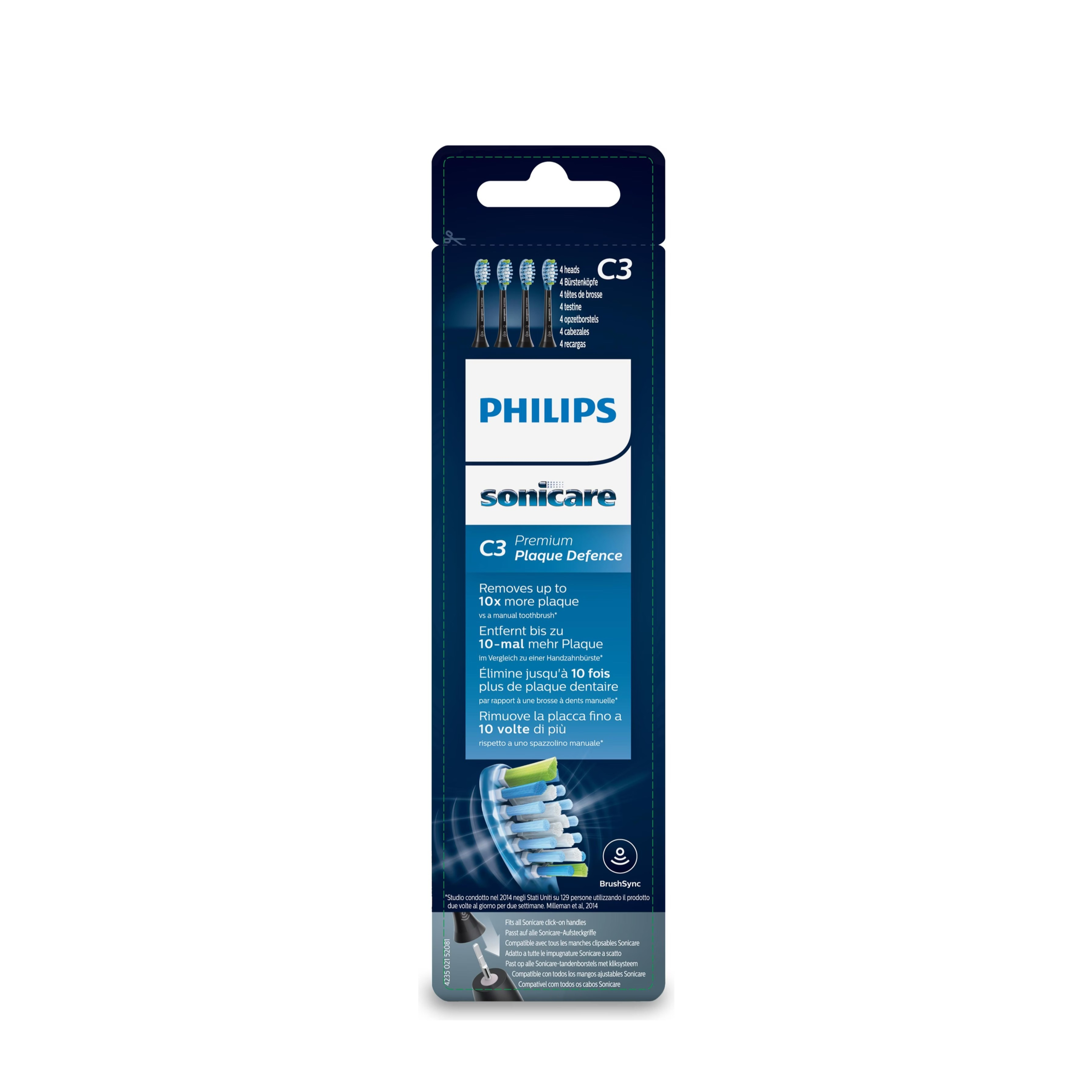 (4er Set) C3 Premium Plaque Defence Ersatz Zahnbürstenkopf für Philips Sonicare Elektrische Zahnbürsten (HX9044/33) - Schwarz