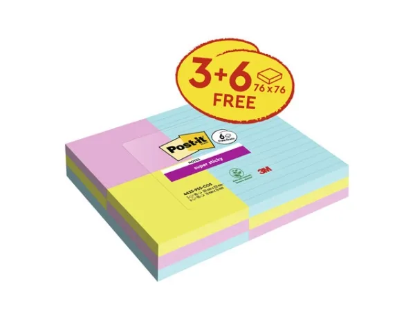 Post-it® Super Sticky Notes inkl. 3 linjerede   6 standard blokke - ass. størrelser med 90 ark pr. blok - (9 blokke)