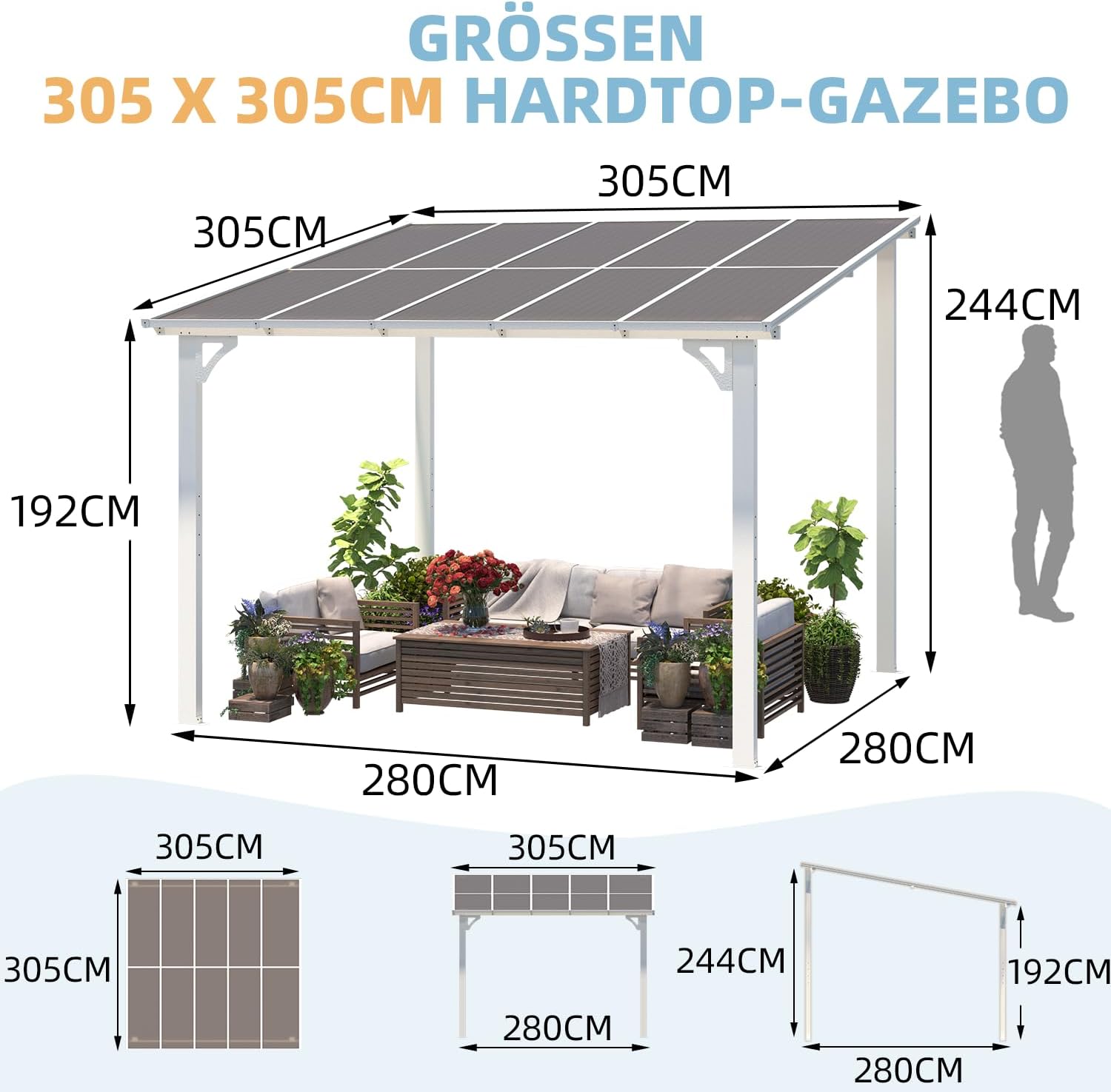 UNIONLINE 3x3m Wandgestellter Gartenpavillon – Markdown! Metall Pavillon für Terrasse, Veranda, Hinterhof, Weiß, PVC-Dach
