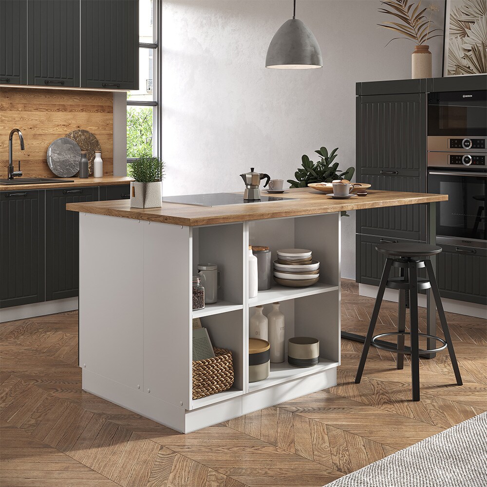 Vicco Kücheninsel Küchenblock Einbauküche Fame-Line Landhaus Weiß Dunkelgrau 90 cm Küchen Schränke Apothekerunterschrank Schubunterschrank Regalinselunterschrank Softclose-Scharnier Küchenmöbel