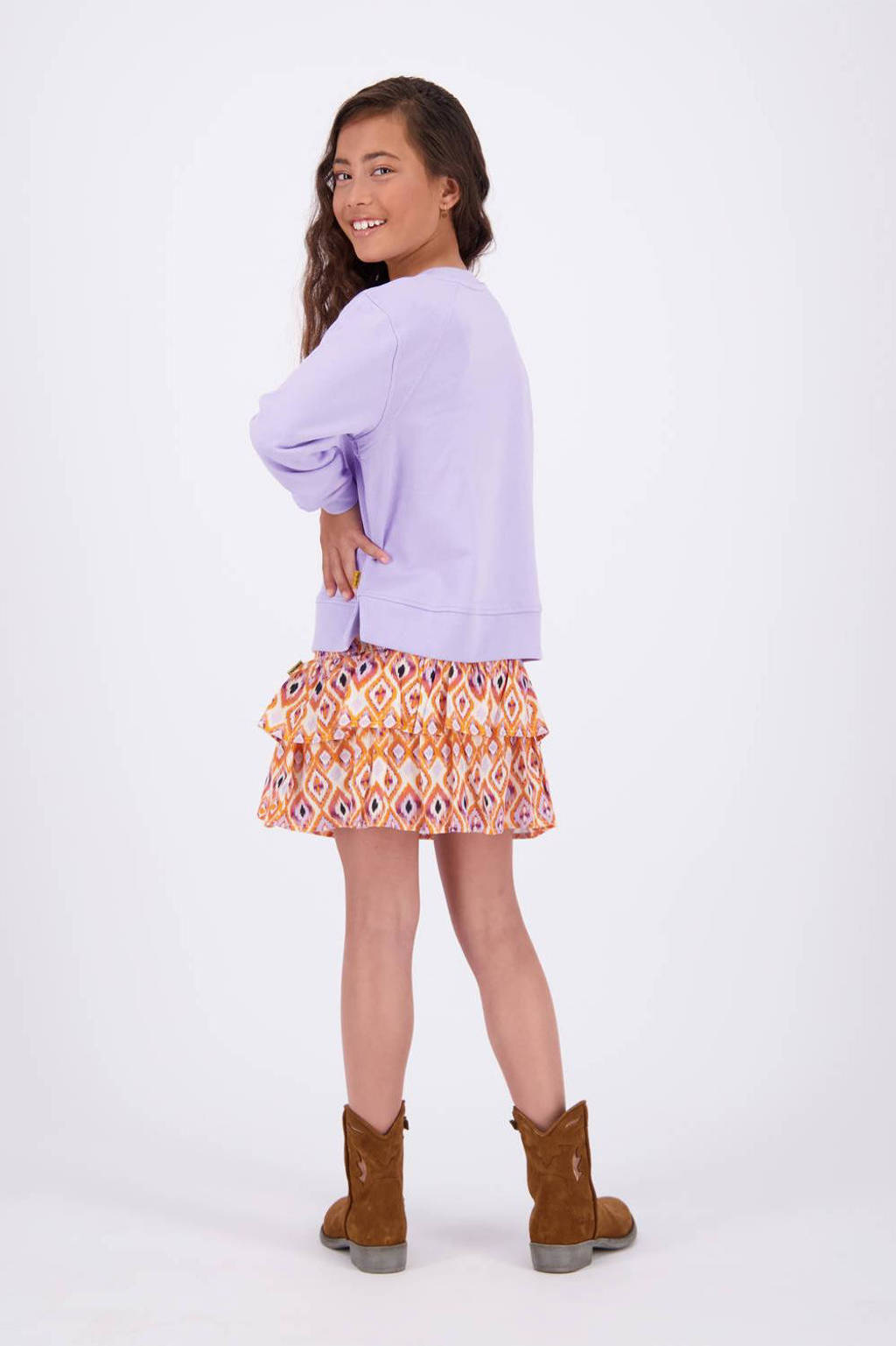 Vingino rok QARRY met all over print en ruches oranje/lila/wit