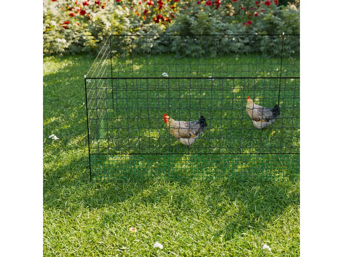 Kit filet clôtures pour poules 50m avec 14 piquets double pointes. modulable. porte d'accès. sardines incluses